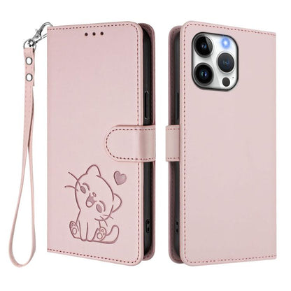 Embossed Heart Cat Leather Phone Case with Hand Strap, For iPhone 16 Pro, For iPhone 16 Plus