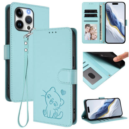 Embossed Heart Cat Leather Phone Case with Hand Strap, For iPhone 16 Pro, For iPhone 16 Plus