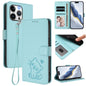 Embossed Heart Cat Leather Phone Case with Hand Strap, For iPhone 16 Pro, For iPhone 16 Plus