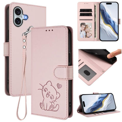 Embossed Heart Cat Leather Phone Case with Hand Strap, For iPhone 16 Pro, For iPhone 16 Plus