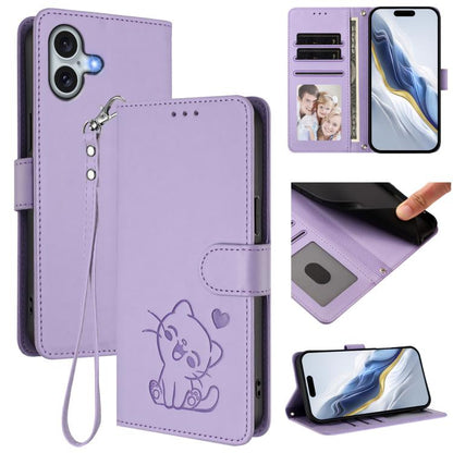 Embossed Heart Cat Leather Phone Case with Hand Strap, For iPhone 16 Pro, For iPhone 16 Plus
