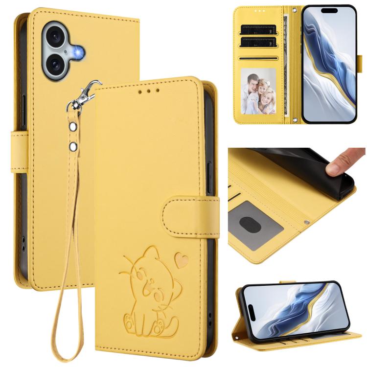 Embossed Heart Cat Leather Phone Case with Hand Strap, For iPhone 16 Pro, For iPhone 16 Plus