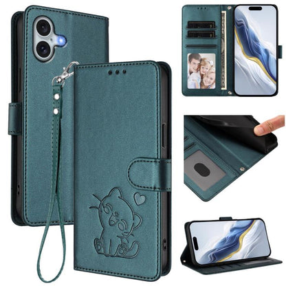 Embossed Heart Cat Leather Phone Case with Hand Strap, For iPhone 16 Pro, For iPhone 16 Plus