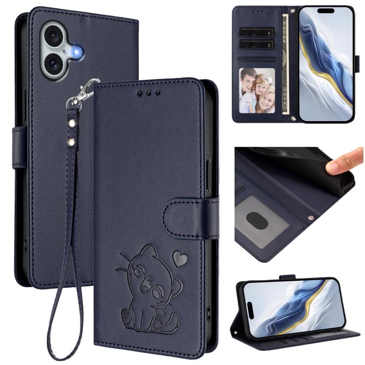 Embossed Heart Cat Leather Phone Case with Hand Strap, For iPhone 16 Pro, For iPhone 16 Plus