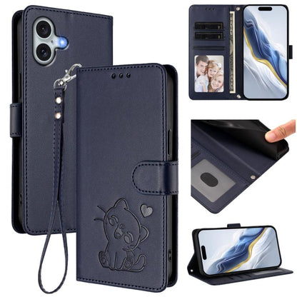 Embossed Heart Cat Leather Phone Case with Hand Strap, For iPhone 16 Pro, For iPhone 16 Plus