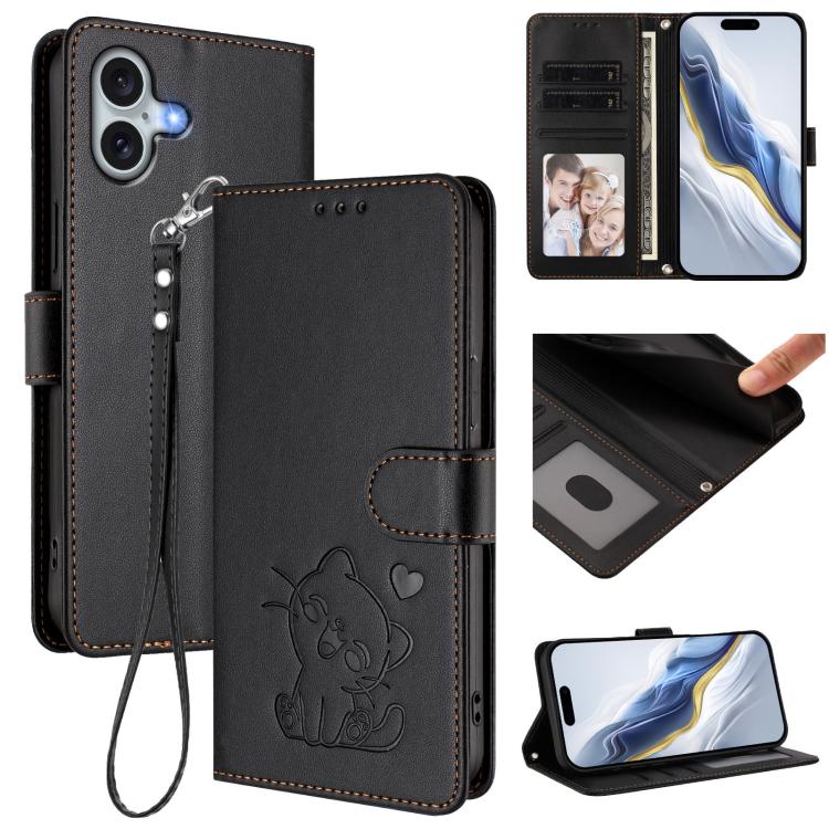 Embossed Heart Cat Leather Phone Case with Hand Strap, For iPhone 16, For iPhone 15 Pro Max