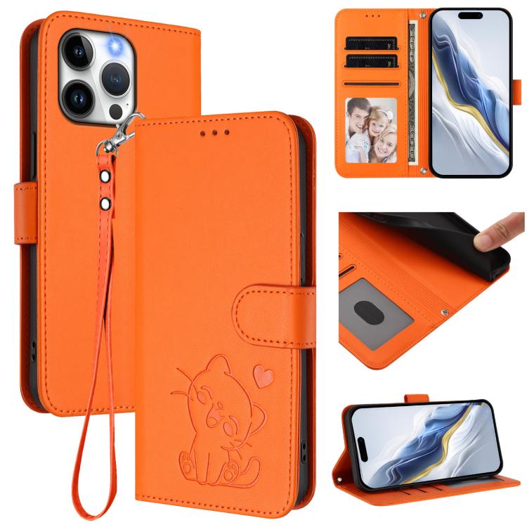 Embossed Heart Cat Leather Phone Case with Hand Strap, For iPhone 16, For iPhone 15 Pro Max