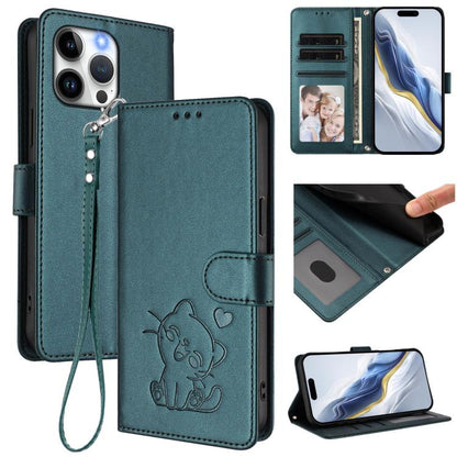 Embossed Heart Cat Leather Phone Case with Hand Strap, For iPhone 16, For iPhone 15 Pro Max
