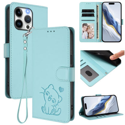 Embossed Heart Cat Leather Phone Case with Hand Strap, For iPhone 15 Pro, For iPhone 15 Plus