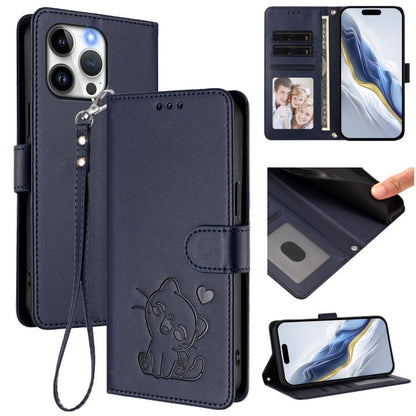 Embossed Heart Cat Leather Phone Case with Hand Strap, For iPhone 15 Pro, For iPhone 15 Plus