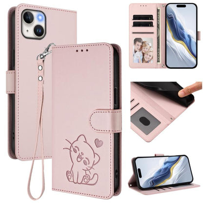 Embossed Heart Cat Leather Phone Case with Hand Strap, For iPhone 15 Pro, For iPhone 15 Plus