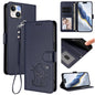 Embossed Heart Cat Leather Phone Case with Hand Strap, For iPhone 15 Pro, For iPhone 15 Plus