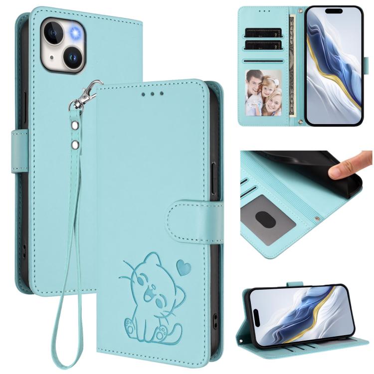 Embossed Heart Cat Leather Phone Case with Hand Strap, For iPhone 15, For iPhone 14 Plus