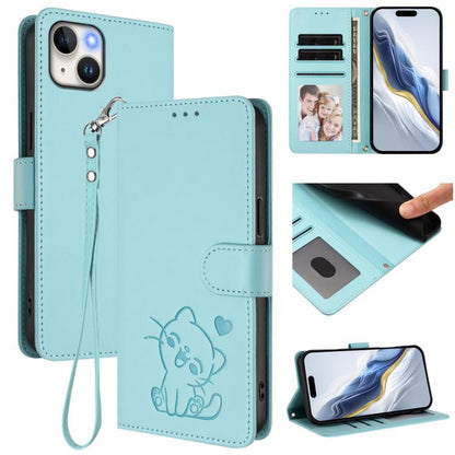 Embossed Heart Cat Leather Phone Case with Hand Strap, For iPhone 15, For iPhone 14 Plus