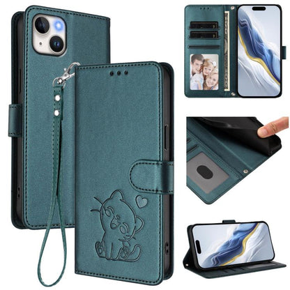 Embossed Heart Cat Leather Phone Case with Hand Strap, For iPhone 15, For iPhone 14 Plus