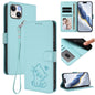 Embossed Heart Cat Leather Phone Case with Hand Strap, For iPhone 15, For iPhone 14 Plus
