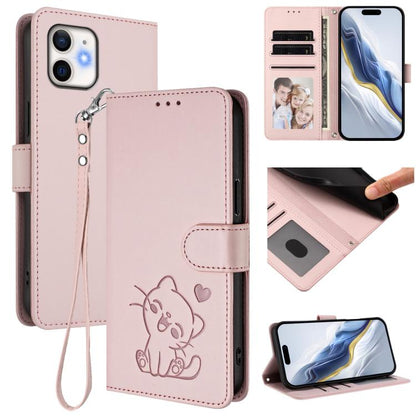 Embossed Heart Cat Leather Phone Case with Hand Strap, For iPhone 13 mini, For iPhone 12 / 12 Pro