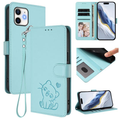 Embossed Heart Cat Leather Phone Case with Hand Strap, For iPhone 13 mini, For iPhone 12 / 12 Pro