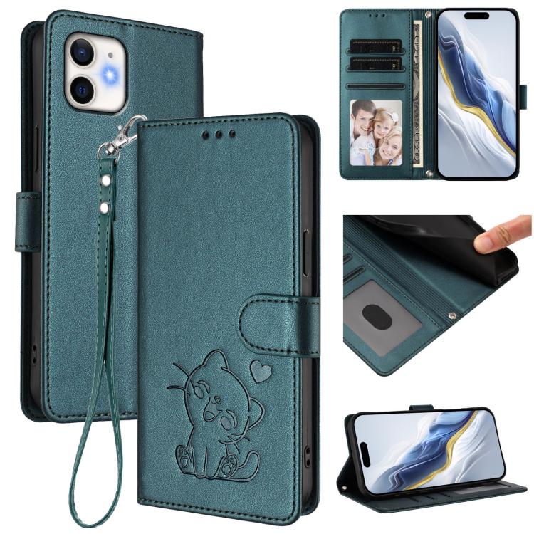 Embossed Heart Cat Leather Phone Case with Hand Strap, For iPhone 13 mini, For iPhone 12 / 12 Pro