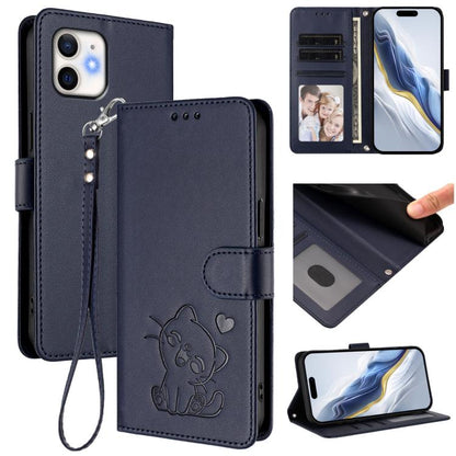 Embossed Heart Cat Leather Phone Case with Hand Strap, For iPhone 13 mini, For iPhone 12 / 12 Pro