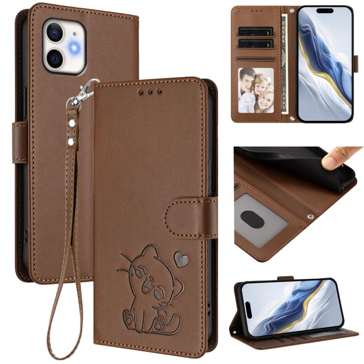 Embossed Heart Cat Leather Phone Case with Hand Strap, For iPhone 13 mini, For iPhone 12 / 12 Pro