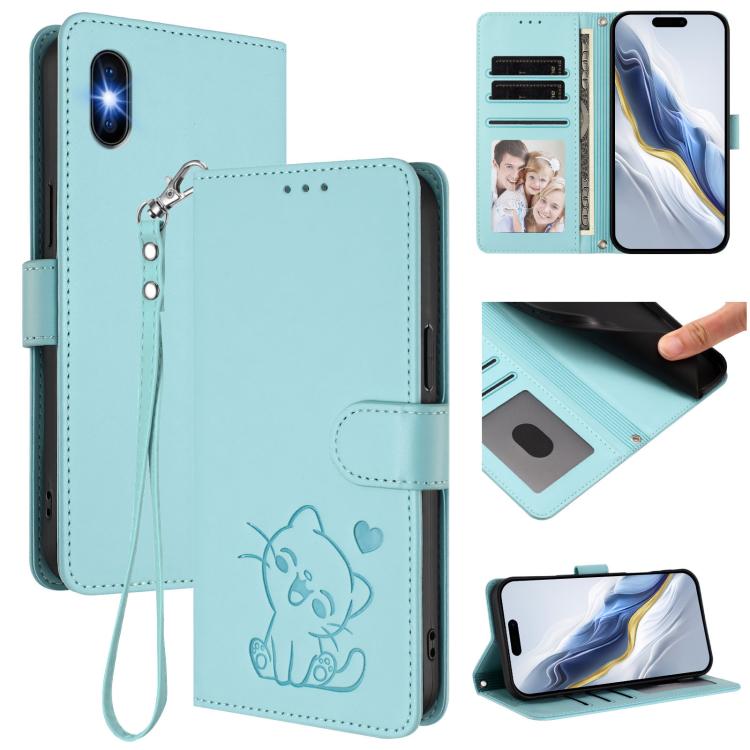 Embossed Heart Cat Leather Phone Case with Hand Strap, For iPhone XR, For iPhone XS Max