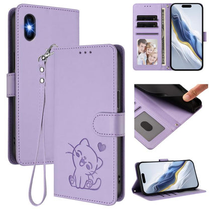 Embossed Heart Cat Leather Phone Case with Hand Strap, For iPhone XR, For iPhone XS Max