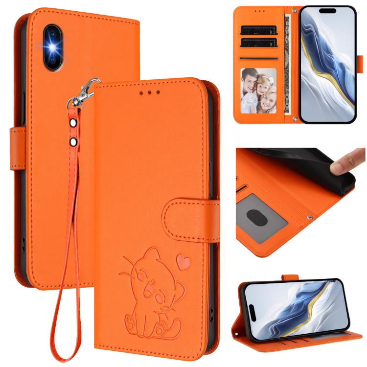 Embossed Heart Cat Leather Phone Case with Hand Strap, For iPhone XR, For iPhone XS Max