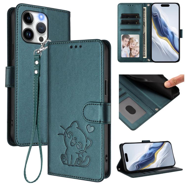 Embossed Heart Cat Leather Phone Case with Hand Strap, For iPhone 13 Pro Max, For iPhone 13 Pro