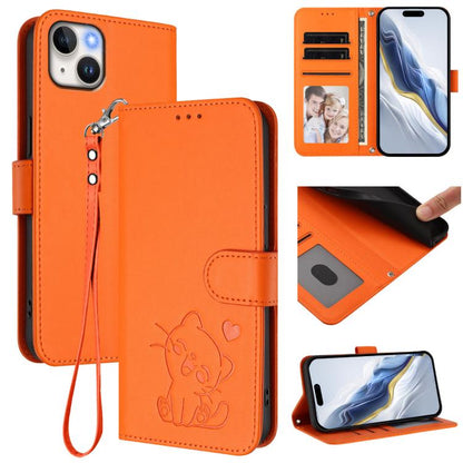 Embossed Heart Cat Leather Phone Case with Hand Strap, For iPhone 13 mini, For iPhone 12 / 12 Pro