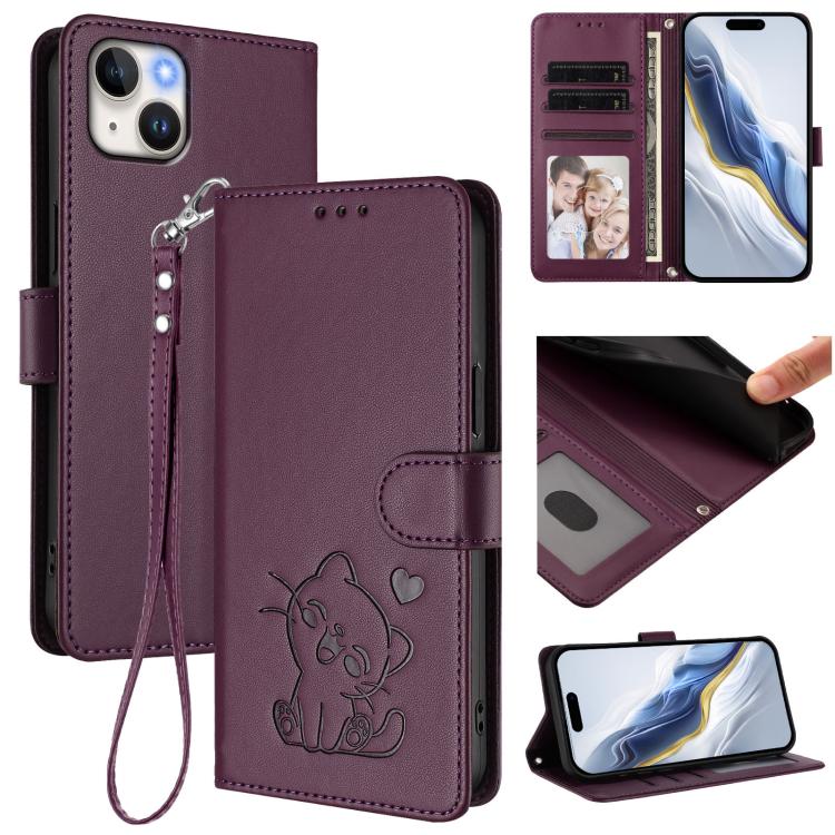 Embossed Heart Cat Leather Phone Case with Hand Strap, For iPhone 13 mini, For iPhone 12 / 12 Pro