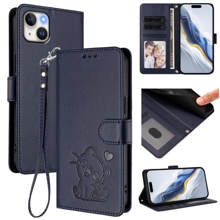 Embossed Heart Cat Leather Phone Case with Hand Strap, For iPhone 13 mini, For iPhone 12 / 12 Pro