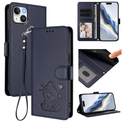 Embossed Heart Cat Leather Phone Case with Hand Strap, For iPhone 13 mini, For iPhone 12 / 12 Pro