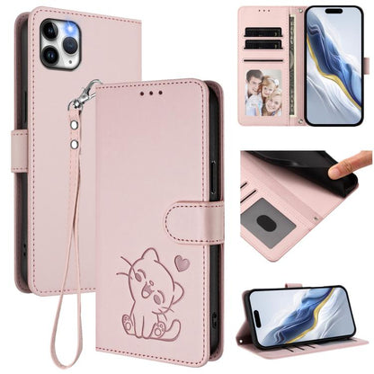 Embossed Heart Cat Leather Phone Case with Hand Strap, For iPhone 11 Pro, For iPhone X / XS