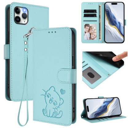 Embossed Heart Cat Leather Phone Case with Hand Strap, For iPhone 11 Pro, For iPhone X / XS