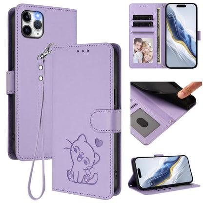 Embossed Heart Cat Leather Phone Case with Hand Strap, For iPhone 11 Pro, For iPhone X / XS