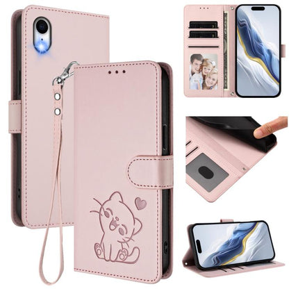 Embossed Heart Cat Leather Phone Case with Hand Strap, For iPhone XR, For iPhone XS Max