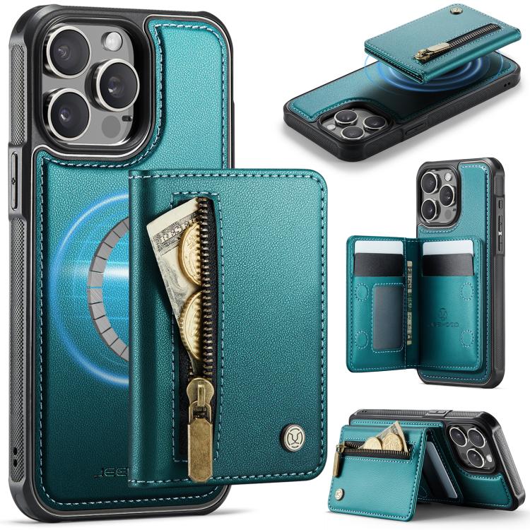 JEEHOOD J12 Exquisite RFID MagSafe Zipper Card Bag Phone Case, For iPhone 15 Pro, For iPhone 14 Pro, For iPhone 14 Pro Max, For iPhone 13 Pro Max