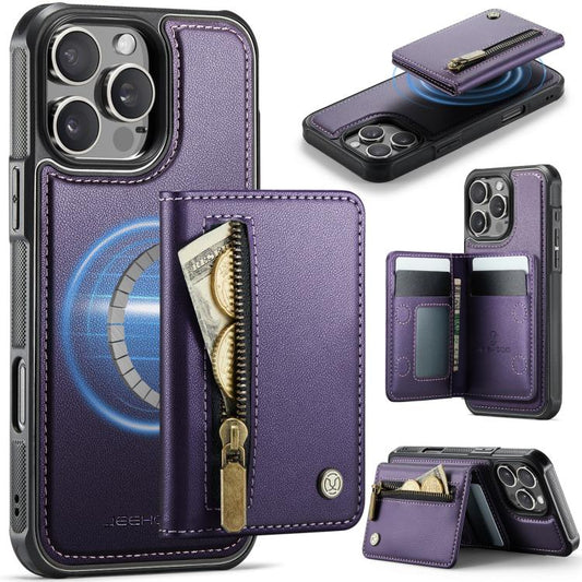 JEEHOOD J12 Exquisite RFID MagSafe Zipper Card Bag Phone Case, For iPhone 16 Pro, For iPhone 16 Plus, For iPhone 16, For iPhone 15 Pro Max