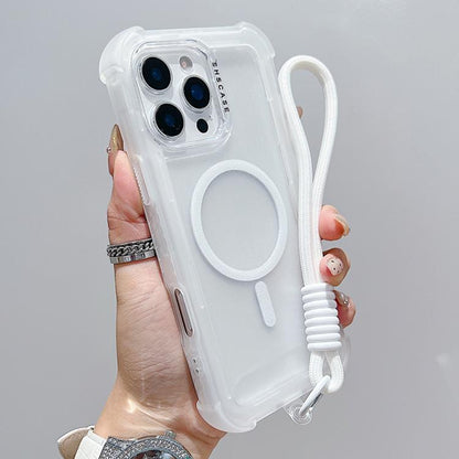 Transparent Matte TPU Hybrid PC 3-in-1 MagSafe Phone Case with Wrist Strap, For iPhone 16 Pro Max, For iPhone 16 Pro, For iPhone 16 Plus, For iPhone 16