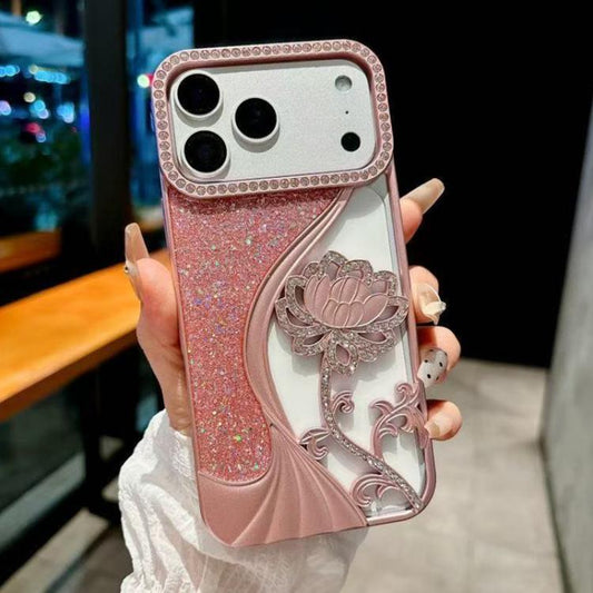 Electroplated TPU Lotus Hollow-carved  Rhinestone Glitter Phone Case, For iPhone 17 Pro Max, For iPhone 17 Pro, For iPhone 17, For iPhone 16 Pro Max