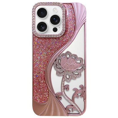 Electroplated TPU Lotus Hollow-carved  Rhinestone Glitter Phone Case, For iPhone 16 Pro, For iPhone 16, For iPhone 15 Pro Max, For iPhone 15 Pro