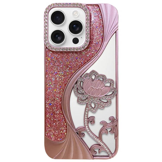 Electroplated TPU Lotus Hollow-carved  Rhinestone Glitter Phone Case, For iPhone 16 Pro, For iPhone 16, For iPhone 15 Pro Max, For iPhone 15 Pro