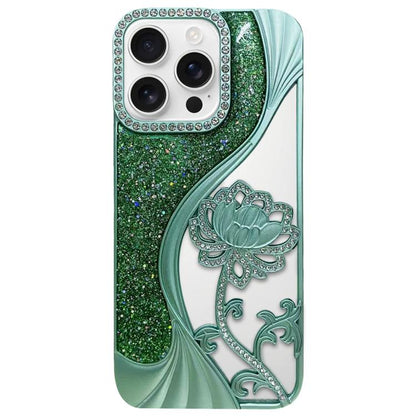 Electroplated TPU Lotus Hollow-carved  Rhinestone Glitter Phone Case, For iPhone 16 Pro, For iPhone 16, For iPhone 15 Pro Max, For iPhone 15 Pro