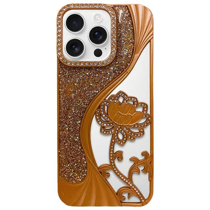 Electroplated TPU Lotus Hollow-carved  Rhinestone Glitter Phone Case, For iPhone 16 Pro, For iPhone 16, For iPhone 15 Pro Max, For iPhone 15 Pro