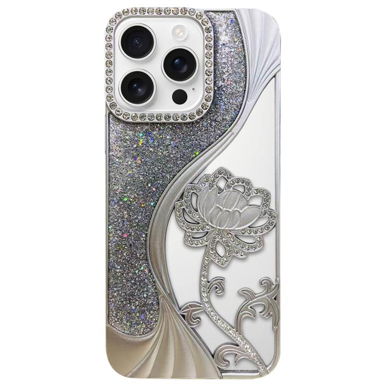 Electroplated TPU Lotus Hollow-carved  Rhinestone Glitter Phone Case, For iPhone 16 Pro, For iPhone 16, For iPhone 15 Pro Max, For iPhone 15 Pro