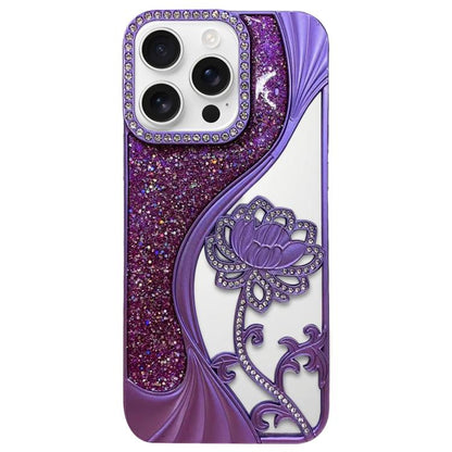 Electroplated TPU Lotus Hollow-carved  Rhinestone Glitter Phone Case, For iPhone 16 Pro, For iPhone 16, For iPhone 15 Pro Max, For iPhone 15 Pro