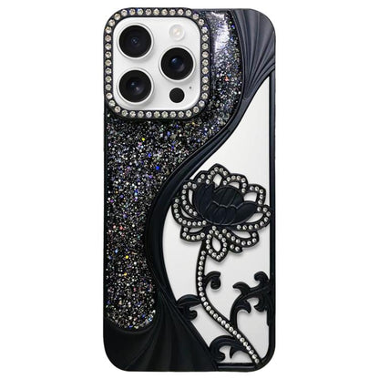 Electroplated TPU Lotus Hollow-carved  Rhinestone Glitter Phone Case, For iPhone 16 Pro, For iPhone 16, For iPhone 15 Pro Max, For iPhone 15 Pro