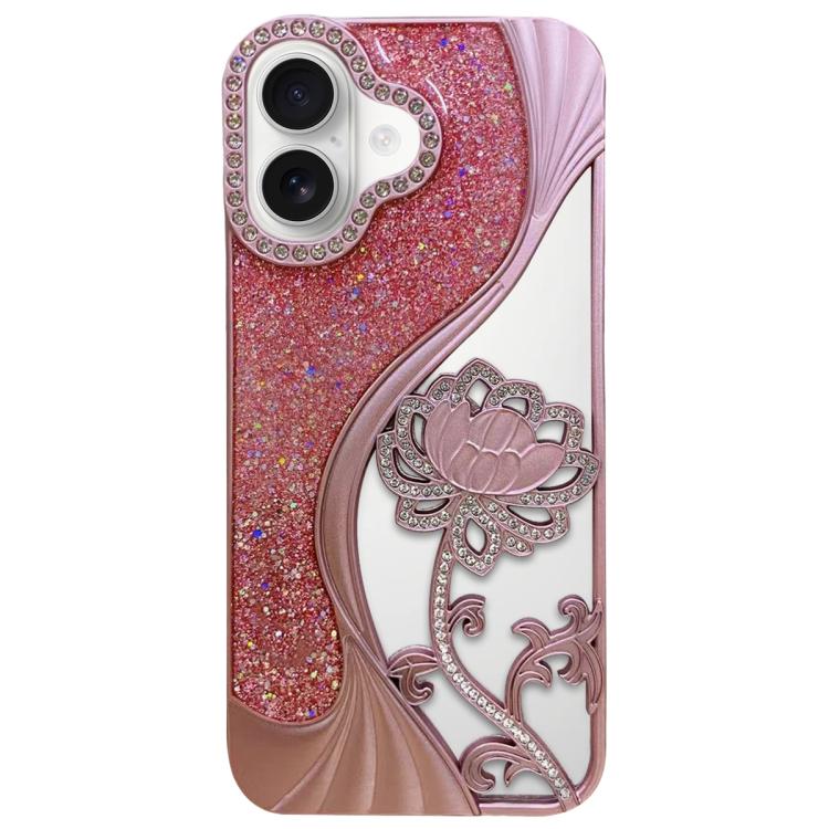 Electroplated TPU Lotus Hollow-carved  Rhinestone Glitter Phone Case, For iPhone 16 Pro, For iPhone 16, For iPhone 15 Pro Max, For iPhone 15 Pro