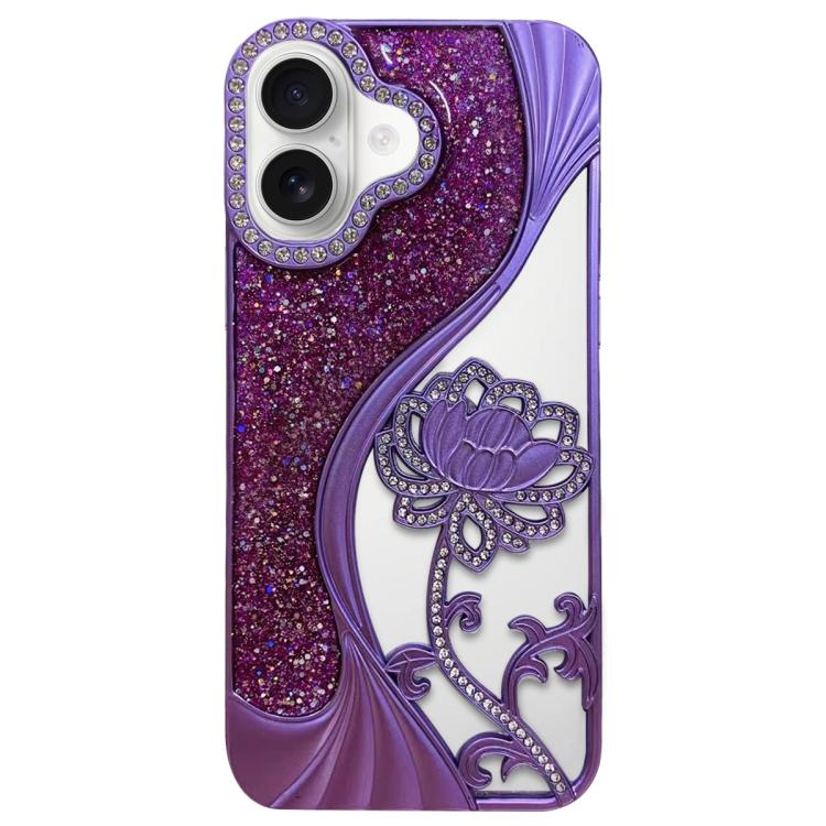 Electroplated TPU Lotus Hollow-carved  Rhinestone Glitter Phone Case, For iPhone 16 Pro, For iPhone 16, For iPhone 15 Pro Max, For iPhone 15 Pro